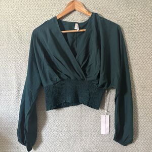 NWT Live 4 Truth Emerald Green Smocked Crop Top M Surplice V-Neck Boho Fairycore